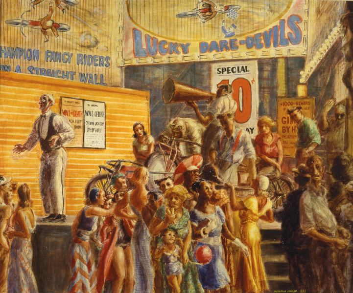 Reginald Marsh, Lucky Daredevils (The Thrill of Death), 1931 Tempera on panel, 30 x 36 in Pennsylvania Academy of the Fine Arts, Philadelphia