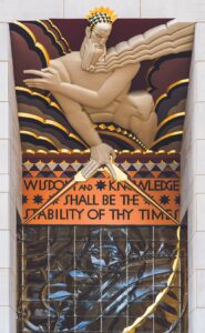 Wisdom, created by architectural sculptors Lee Lawrie and colorist Leon V. Solon. Applied ornament above the entrance to 30 Rockefeller Plaza.