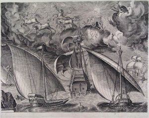 Man of War between two Galleys, 1565 Engraving, 8.5 x 11 in Israel Museum, Jerusalem, Israel