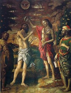 Andrea Mantegna, Baptism of Christ, circa 1506 Casein (?) on canvas, 89.7 in x 68.8 in Sant’Andrea, Cappella di Giovanni Battista, Mantua, Italy
