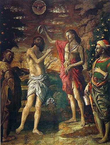 Andrea Mantegna, Baptism of Christ, c 1506 Casein tempera and gold on canvas, 89.7 x 68.8 in Sant'Andrea, Mantua