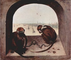 1562 Medium oil on oak wood panel Dimensions 23 cm × 20 cm (9.1 in × 7.9 in) Location Gemäldegalerie, Berlin State Museums, Berlin Two Monkeys or Two Chained Monkeys is a 1562 painting