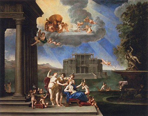 Francesco Albani, Toilet of Venus, 1621 and 1633 Edit this at Wikidata Oil on canvas, 79.5 in x 99.2 in Louvre Museum, Paris