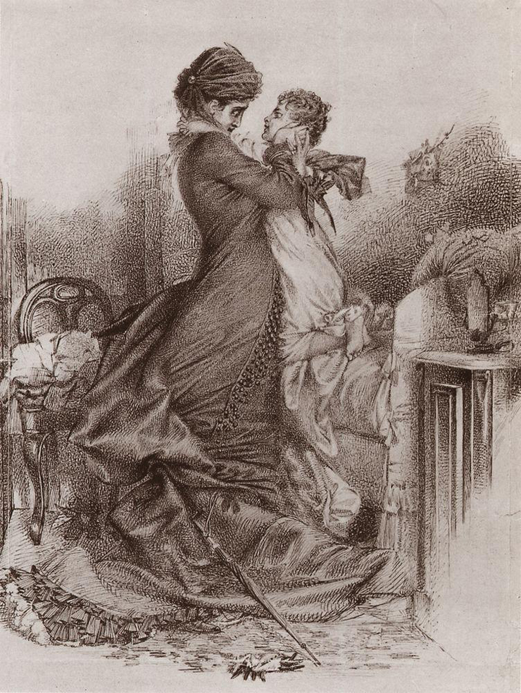 Vrubel English: "Anna Karenina meets with her son." An illustration for Leo Tolstoy's novel Anna Karenina Ink and sepia on brown paper Tretyakov Gallery, Moscow