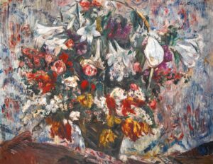 Lovis Corinth, Flower Basket with Amaryllis, Lilac, Roses and Tulips, 1914 Oil on canvas, 43 in x 54.6 in Private Collection