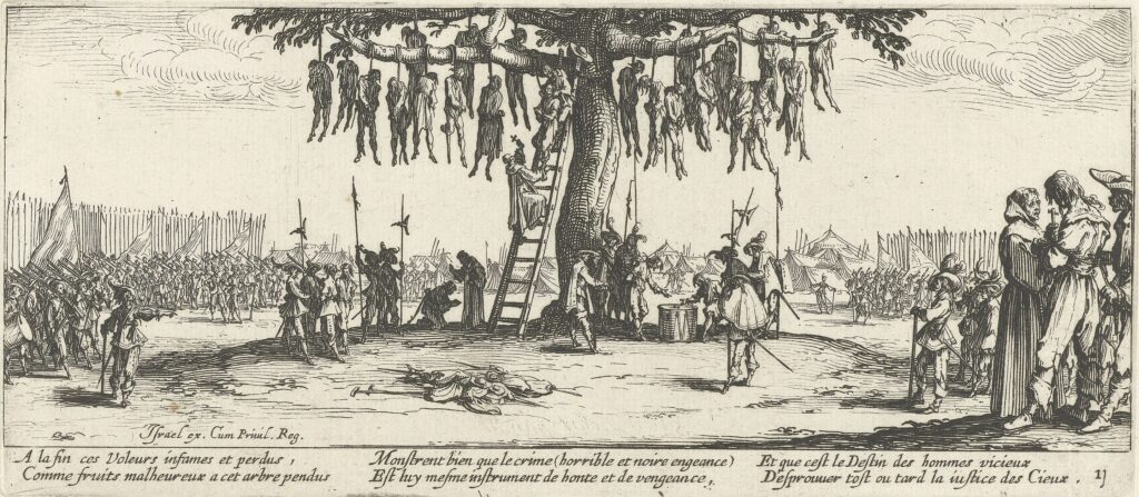 Jacques Callot, The miseries of war; No. 11, The Hanging, between 1632 and 1633 Etching print on paper, 3.1 in x 7.3 in Art Gallery of New South Wales, Sydney