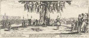 Jacques Callot, The miseries of war; No. 11, The Hanging, between 1632 and 1633 Etching print on paper, 3.1 in x 7.3 in Art Gallery of New South Wales, Sydney