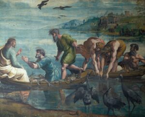 Raphael, The Miraculous Draft of Fishes, Part of Raphael Cartoons, c.1515 - c.1516 Bodycolour over charcoal on many sheets of paper, mounted on canvas, 10.46 ft x 13.09 ft Victoria and Albert Museum, London