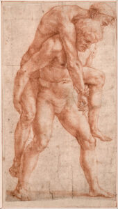 Raphael, Young Man Carrying an Old Man on His Back, circa 1514 Sanguine on paper Albertina, Vienna
