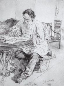 Ilya Repin, Leo Tolstoy Working at the Round Table, 1891 Engraving, 4.5 x 6 in The Imperial Society for the Encouragement of Arts, St Petersburg