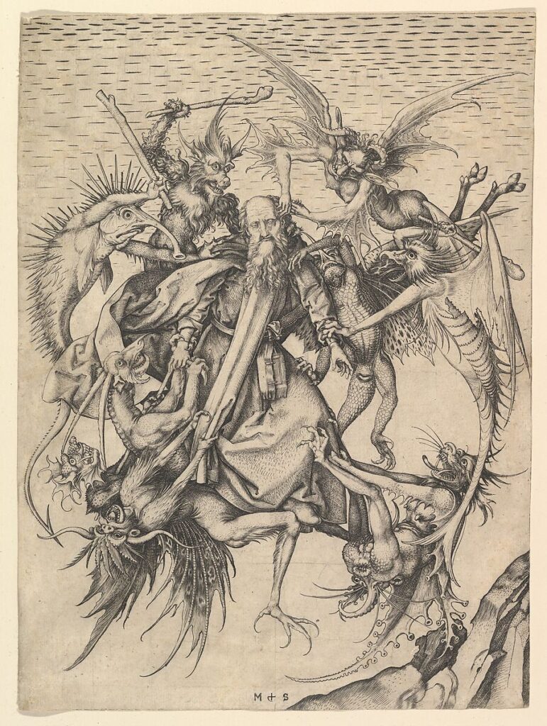 Martin Schongauer, Saint Anthony Tormented by Demons, 1470–74 Engraving; second state Cut to image: 12 1/4 x 9 in Metropolitan Museum of Art, New York