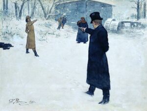 Ilya Repin, Eugene Onegin and Vladimir Lensky's Duel, 1899 Watercolor, white lead and India ink on paper, 11.5 in x 15.4 in Pushkin State Museum of Fine Arts, Moscow