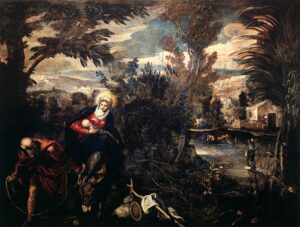 Tintoretto, The Flight into Egypt, 1582 - 1587 Oil on canvas, 13 ft 10 9/64 in x 19 feet 11/32 inch Scuola Grande di San Rocco, Venice