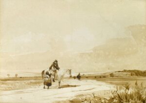 David Cox Senior, Travellers on a Path, brush and brown wash, over graphite