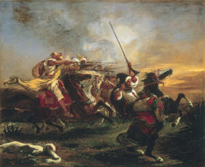 Eugène Delacroix, Moroccan horsemen in military action, 1847 Oil on canvas, 20.8 in x 28.7 in Musée Fabre, Montpellier, France