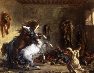 Eugène Delacroix, Arab Horses Fighting in a Stable, 1860 Oil on canvas, 25.4 in x 31.8 in Louvre Museum, Paris