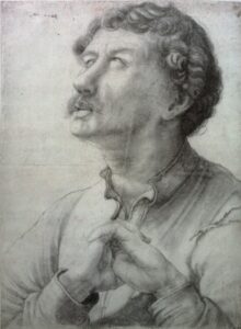 Matthias Grünewald, Young Man with Folded Hands, between 1522 and 1525 Charcoal on paper, 17.16 in x 12.63 in Kupferstichkabinett Berlin