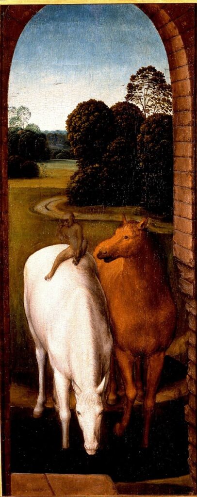 Hans Memling, Diptych with the Allegory of True Love, Between 1485 and 1494 Oil on oak wood, 16.9 in x 6.2 in Museum Boijmans Van Beuningen, Rotterdam