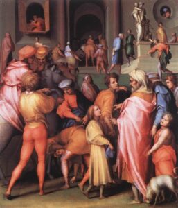 Jacopo Pontormo, Joseph Being Sold to Potiphar, 1515 - 1518 Oil on wood, 22.8 in x 19.6 in National Gallery, London