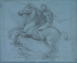 Leonardo da Vinci, Study for an equestrian monument, c.1485 - c.1490 Metalpoint on blue prepared paper, 5.98 in x 7.40 in Royal Collection, UK