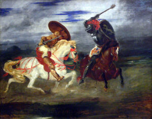 Eugène Delacroix, Two Knights Fighting in a Landscape, 1824 (?) Oil on canvas, 31.8 in x 41.3 in Louvre, Paris
