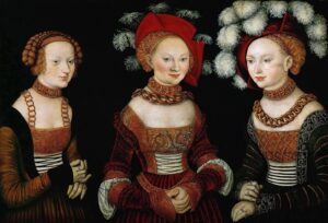 Lucas Cranach the Elder, The Princesses Sibylla, Emilia, and Sidonia of Saxony, circa 1535 Oil on lime wood, 24.4 in x 35 in Kunsthistorisches Museum, Vienna