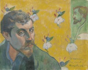 Paul_Gauguin_112 Paul Gauguin, Self-Portrait with Portrait of Émile Bernard (Les misérables), 1888 Oil on canvas, 17.7 in x 21.6 in Van Gogh Museum, Amsterdam