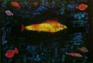 Paul Klee, The Goldfish, 1925 Oil and watercolor on paper mounted on cardboard, 19.5 in x 27.2 in Hamburger Kunsthalle, Germany