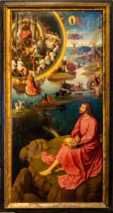 Hans Memling, Triptych of the Mystical Marriage of St. Catherine of Alexandria, right wing: Scene of St. John the Evangelist in Patmos, 1474 - 1479 Oil on panel, 68.3 in x 68.3 in Sint-Janshospitaal, Bruges, Belgium