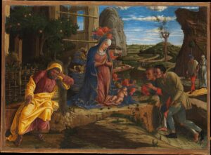 Andrea Mantegna, The Adoration of the Shepherds, shortly after 1450 Tempera on canvas, transferred from wood, 15 3/4 x 21 7/8 in Metropolitan Museum of Art, New York