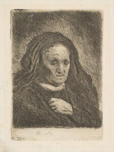 Rembrandt, The Artist's Mother with Her Hand on Her Chest, 1631 Etching, 3 3/4 × 2 5/8 in Metropolitan Museum of Art, New York