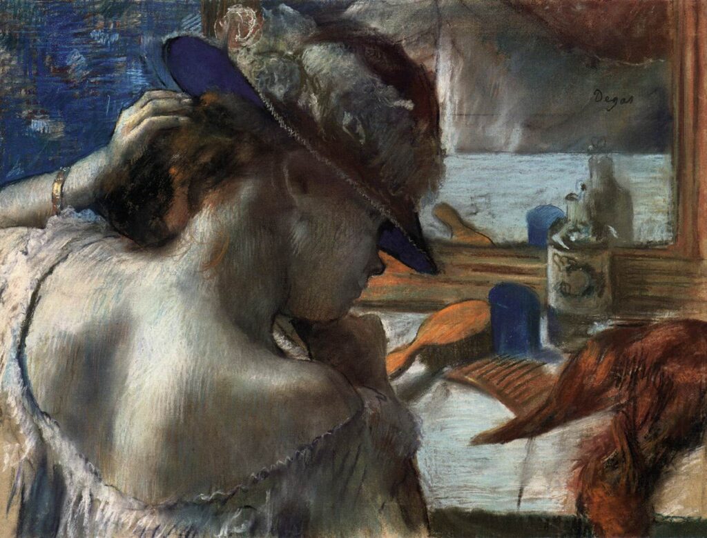 Edgar Degas, At the Mirror, c. 1889 Pastel on paper, 19.3 x 25.2 in Kunsthalle, Hamburg