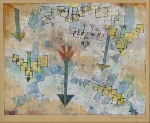 Paul Klee, Birds Swooping Down and Arrows, 1919 Watercolor on gesso on fabric, bordered with gouache and ink, mounted on cardboard, 9 5/8 × 12 5/8 in Metropolitan Museum, New York