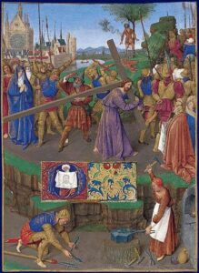 Jean Clouet, Carrying the Cross, from the Hours of Etienne Chevalier c.1452 - c.1460 Illumination on parchment, 6.4 x 4.7 in Musée Condé, Chantilly, France