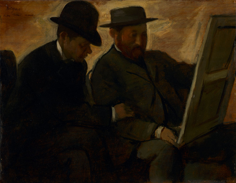 Edgar Degas, Paul Lafond and Alphonse Cherfils Examining a Painting, c. 1878–80 Oil on wood panel, 16 3/4 x 19 11/16 in Cleveland Museum of Art
