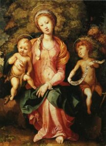 Jacopo Pontormo, Madonna and Child with the Young Saint John c.1527 Oil on wood, 20.5 x 15.7 in