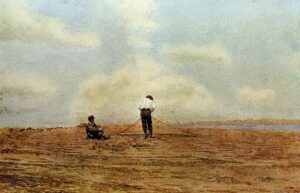 Thomas Eakins,Mending the Net, 1882 Watercolor on paper, 11.3 x 16.7 in Private Collection