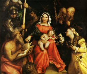 Lorenzo Lotto, Mystic marriage of Saint Catherine of Alexandria and Saint Catherine of Siena, 1524 Oil on wood, 45.3 x 38.6 in National Gallery of Ancient Art (GNAA), Rome