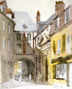 David Cox Senior, Place St. Barthélemy, Rouen, 1829 Watercolor and graphite on medium, slightly textured, cream wove paper, 10 3/8 x 8 1/2 inches Yale Center for British Art, New Haven, CT