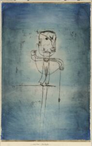 Paul Klee, The Angler, 1921 19 7/8 x 12 1/2" Oil transfer drawing, watercolor, and ink on paper with watercolor and ink borders on board Museum of Modern Art, New York
