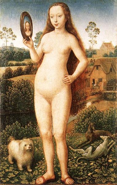 Hans Memling, Vanity, central panel from the Triptych of Earthly Vanity and Divine Salvation, c.1485 Oil on panel, 8 x 5.1 in Musée des Beaux-Arts de Strasbourg, France
