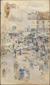 James Whistler, Variations in Violet and Grey—Market Place, Dieppe, 1885 Gouache and watercolor on off-white wove paper, mounted on academy board, 7 15/16 x 5 in Metropolitan Museum of Art, New York