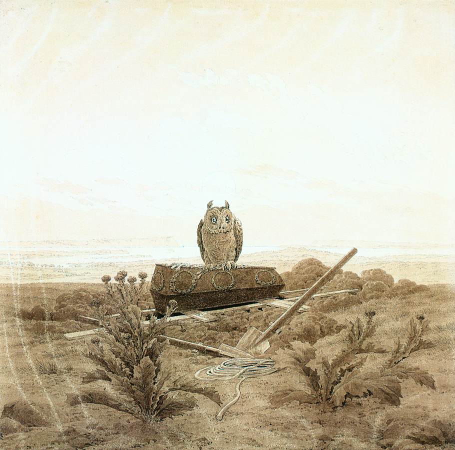 Caspar David Friedrich, Landscape with Grave, Coffin and Owl, 1836-37 Sepia over pencil, 15 x 15 in Kunsthalle, Hamburg