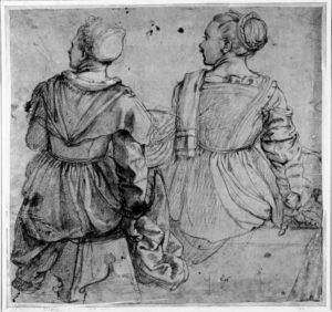 Alessandro Allori, Study of Two Seated Girls Drawing, 12.9 x 13.7 in Nationalmuseum, Stockholm