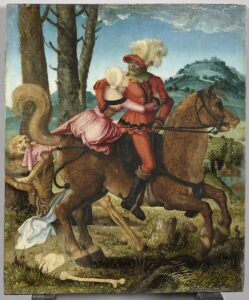Hans Baldung, The knight, the Girl and Death, between circa 1498 and circa 1508 Oil on lime panel, 13.9 x 11.6 in Louvre Museum, Paris