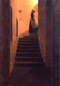Caspar David Friedrich, Lady on the Staircase / Caroline on the stairs, circa 1825 Oil on canvas, 28.9 in x 20.4 in Pomeranian State Museum, Greifswald, Germany