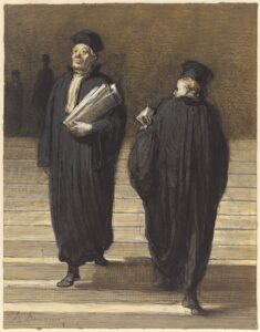 Honoré Daumier, The Two Colleagues (Lawyers Series), 1865–1870 Opaque and transparent watercolor, black ink, and charcoal on wove paper, 10 × 7 13/16 in Brooklyn Museum, New York