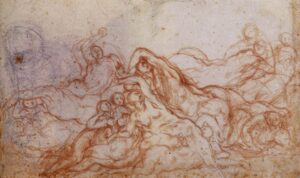 Jacopo Pontormo, Study for Deluge, circa 1546 Red chalk on paper, 16.49 in x 8.50 in Uffizi Gallery, Florence