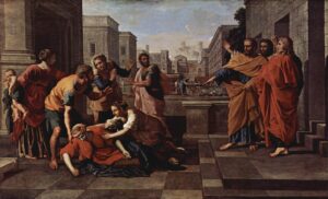 Nicolas Poussin, The Death of Sapphira, 1650s Oil on canvas, 48 x 78.3 in Louvre Museum, Paris