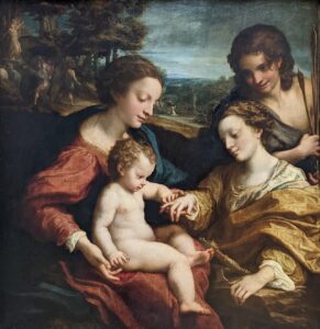 Antonio da Correggio, Mystic Marriage of Saint Catherine of Alexandria with Saint Sebastian, between 1526 and 1527 Oil on poplar panel, 41.3 x 40.1 in Louvre Museum, Paris